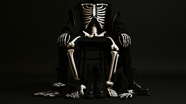 Human skeleton sitting on a dark chair surrounded by bones against a black background