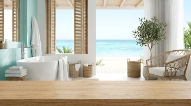 Empty Wooden Tabletop with Blurred Luxury Spa Bathroom Interior Background and Tropical Ocean View for Product Mockup