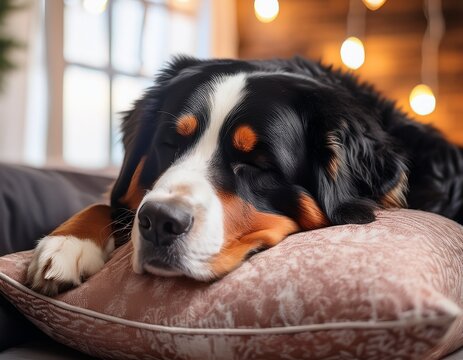 bernese mountain dog resting head on pillow looking peaceful and serene