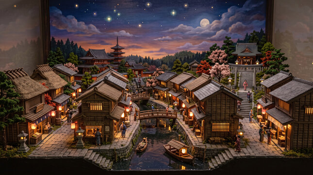 a detailed miniature diorama of a traditional Japanese canal village set at twilight