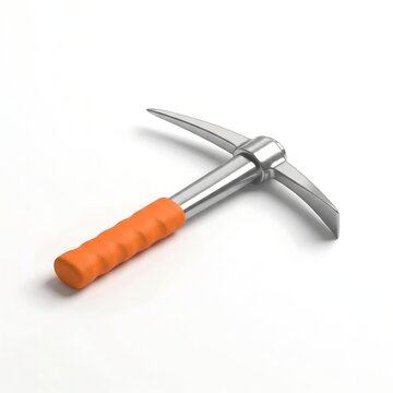 A metal pickaxe with an orange rubber grip lies isolated on a clean white background.