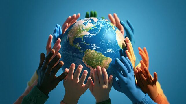 Diverse hands holding planet earth globe together in unity for environmental protection