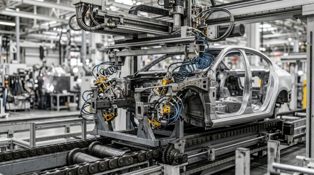 Vehicle production cell with conveyor chains, body fixtures, pneumatic clamps, and overhead gantries for automotive manufacturing automation.