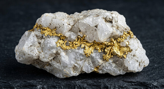 Native leaf gold vein running through raw white quartz rock specimen isolated on dark slate surface mineral geology natural resource wealth discovery macro photograph