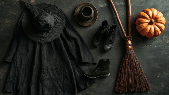Witch costume elements including black hat dress boots broom and pumpkin flat lay
