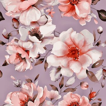 Seamless watercolor floral pattern with soft pink peony flowers on muted purple background