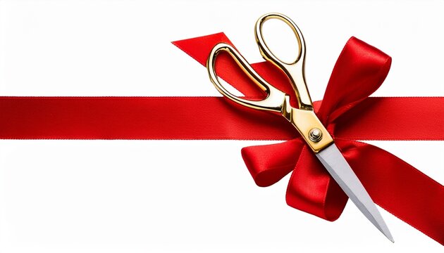 grand opening ribbon cut gold scissors and red satin ribbon isolated on white transparent