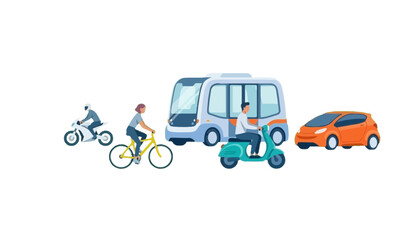 Fototapeta premium Flat vector illustration of diverse urban transport modes on white