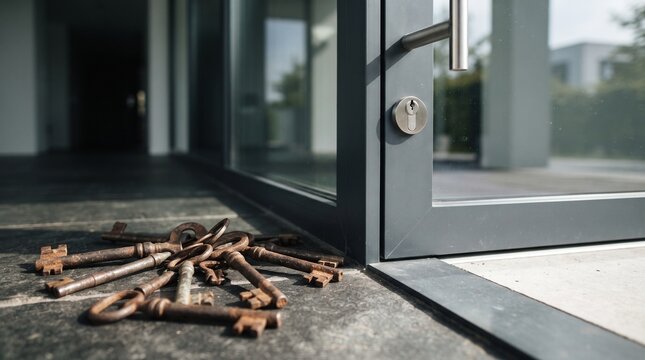 Old keys will not open new doors with antique keys near modern glass door  