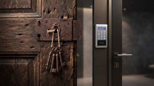 Antique keys hanging on an old door next to a modern electronic lock  