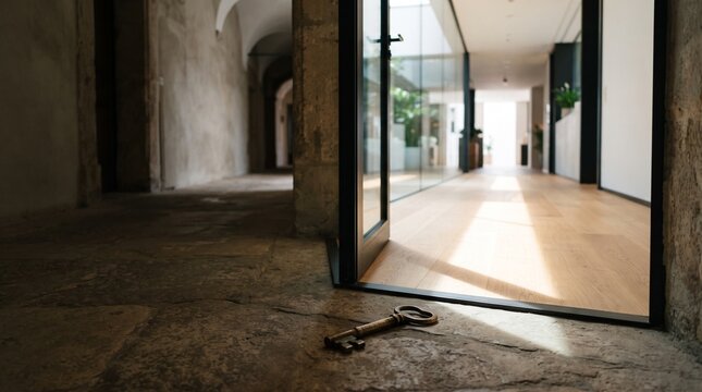 Antique key lying on the floor beside a modern open doorway  