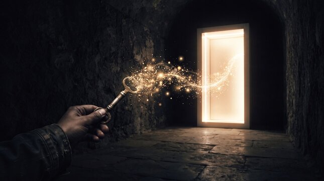 Old key dissolving into glowing particles before a luminous doorway  