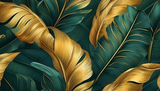 seamless pattern of golden banana leaves on a dark green tropical jungle background luxury wallpaper design