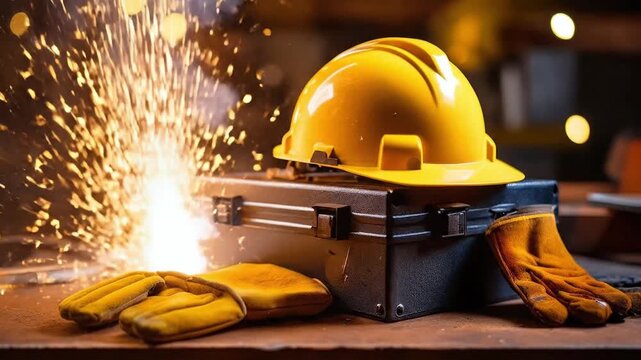 Yellow hard hat, safety gloves, and toolbox against a backdrop of bright welding sparks in an industrial setting