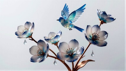 Fototapeta premium Blue bird flies above delicate, translucent blue flowers with dewdrops hanging.