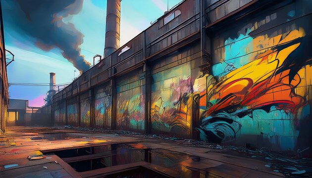 abstract graffiti on the wall of an abandoned factory industrial background
