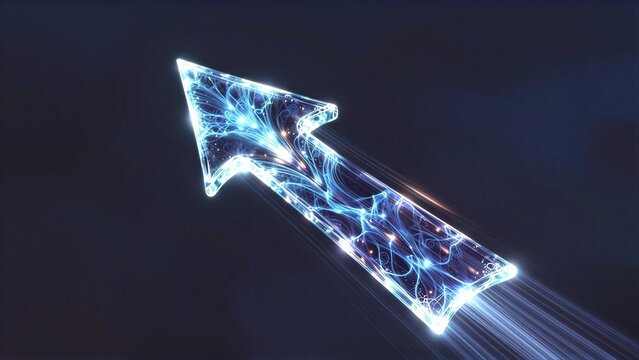 A glowing blue digital key with intricate light trails against a dark background.
