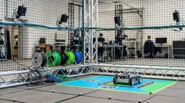 Motion capture area with reflective markers, cable reels, netting, and landing zone for autonomous robots