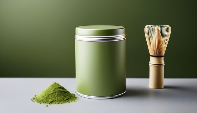 elegant matcha tea tin mockup isolated against a minimalistic background for design purposes