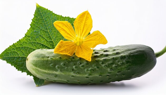 fresh green cucumber with leaf and flower on white background