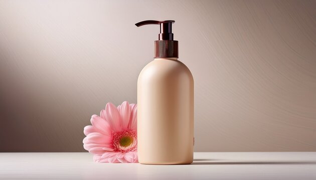 front facing mockup of a minimalist beige shampoo bottle with a pink flower on a light background