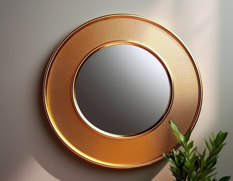 modern round gold framed mirror on plain background