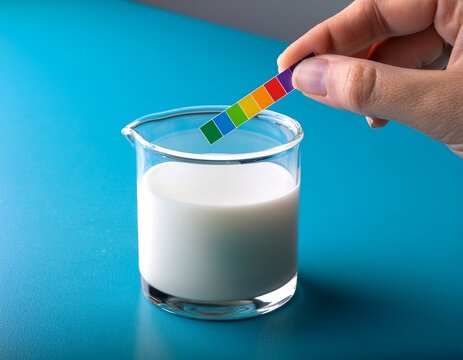 glass of milk ph test with litmus strip being dipped by hand showing laboratory food testing