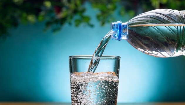 refreshing sparkling mineral water pouring into glass from plastic bottle with sparkling