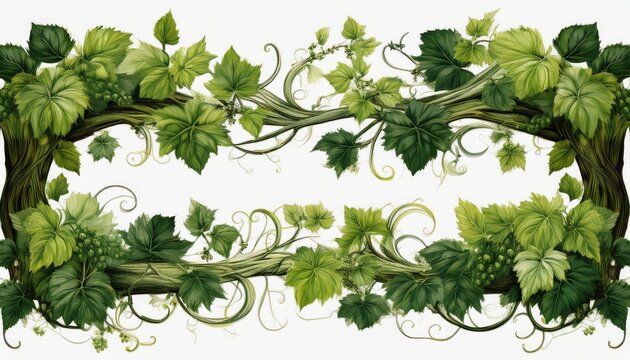 two rows of green leaves and vines isolated on white background