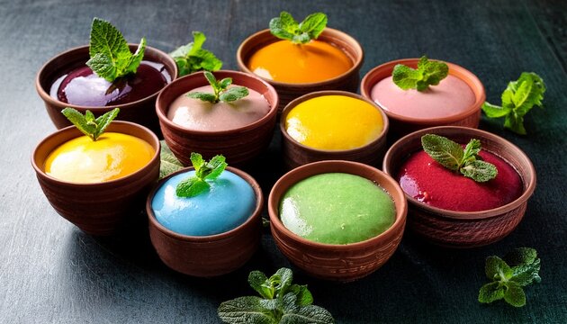 variety of colorful creamy mousse desserts in rustic clay bowls with fresh mint colorful delicacy