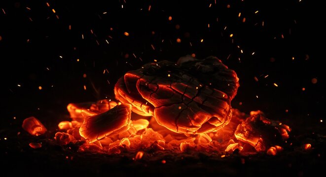 Burning charcoal embers glowing hot with flying sparks against a dark background