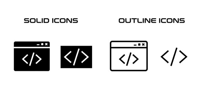 Minimalist coding browser window and tag icons set in solid and outline styles