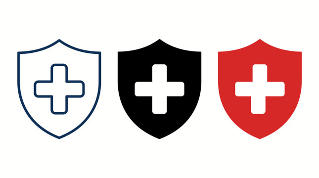 Medical shield vector icon set with cross symbol in blue black and red colors