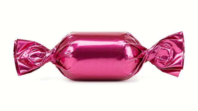Candy wrapped in bright pink foil lies on white background.