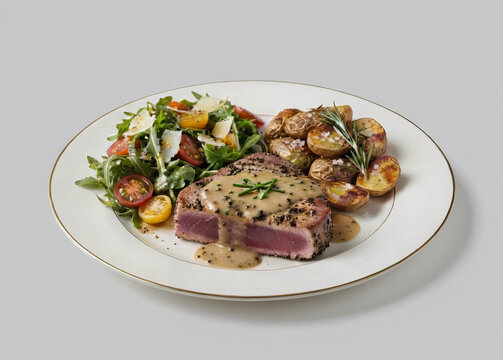 Grilled tuna with butter and dried chili sauce, served with rustic potatoes with rosemary and coarse salt, and an arugula and cherry tomato salad