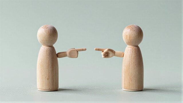 Two wooden figures point at each other, symbolizing conflict or accusation.