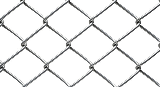 A close-up view of a metallic chain link fence with a diamond pattern, made of galvanized steel wire, creating a repetitive and textured grid structure isolated on a transparent background