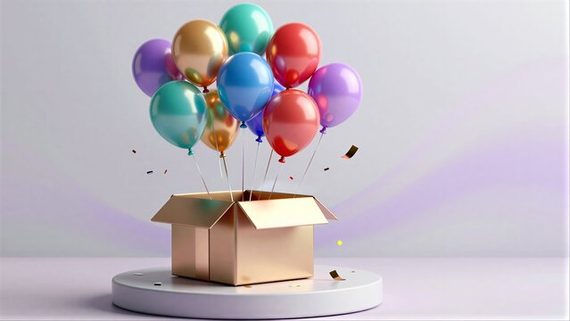Colorful balloons burst from a golden box, celebrating joy and surprise.