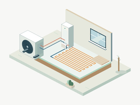 Air source heat pump with hydronic underfloor heating cutaway