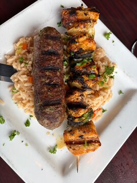 shish tawook and kafta on rice