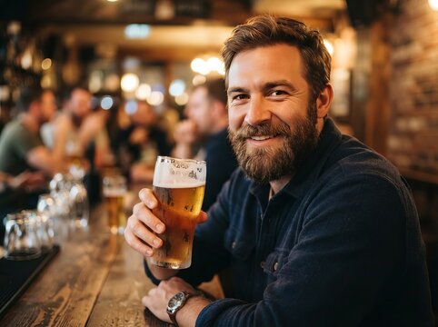 Close-up portrait of a bearded man holding a frosty cup of beer, warm golden light, shallow depth of field
