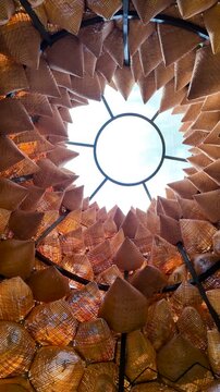 Bamboo handicrafts yield impressive creations. works of bamboo art. Low-angle video perspective