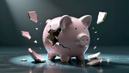 Plakat Pink piggy bank shatters, symbolizing financial loss or breakdown.