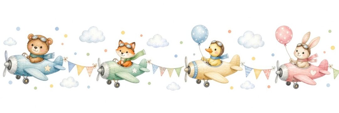 Cute animal pilots border design with teddy bear, fox, duck, and bunny flying pastel airplanes with colorful garlands and clouds for kids decor.