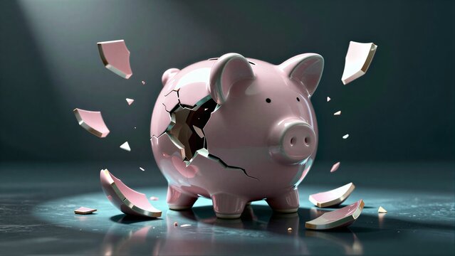 Pink piggy bank shatters, symbolizing financial loss or breakdown.