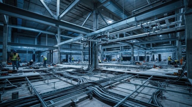 AI data center buildout with exposed steel beams, cooling manifolds, raised floor pedestals, and power conduits in a server hall shell.
