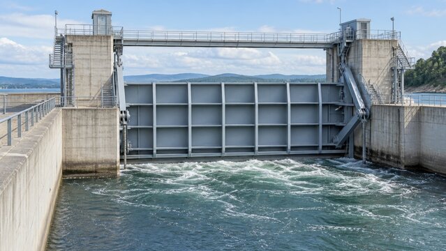 Modern flood gate infrastructure at riverbank with turbulent water flowing through strong concrete barriers ensuring safety and water level control. engineering, hydrology, water management