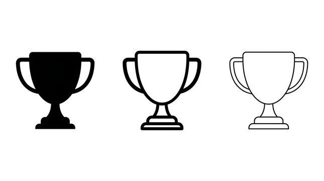 Set of three trophy cup icons in solid, bold, and outline vector styles for award design.