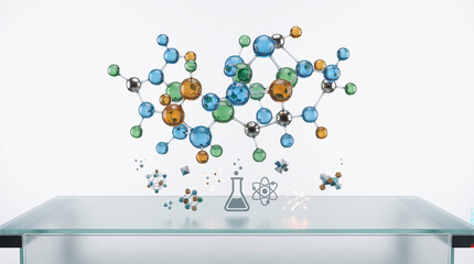 Abstract representation of molecular structures and scientific concepts floating above a reflective glass surface, symbolizing chemistry and research.