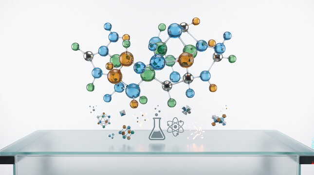 Abstract representation of molecular structures and scientific concepts floating above a reflective glass surface, symbolizing chemistry and research.